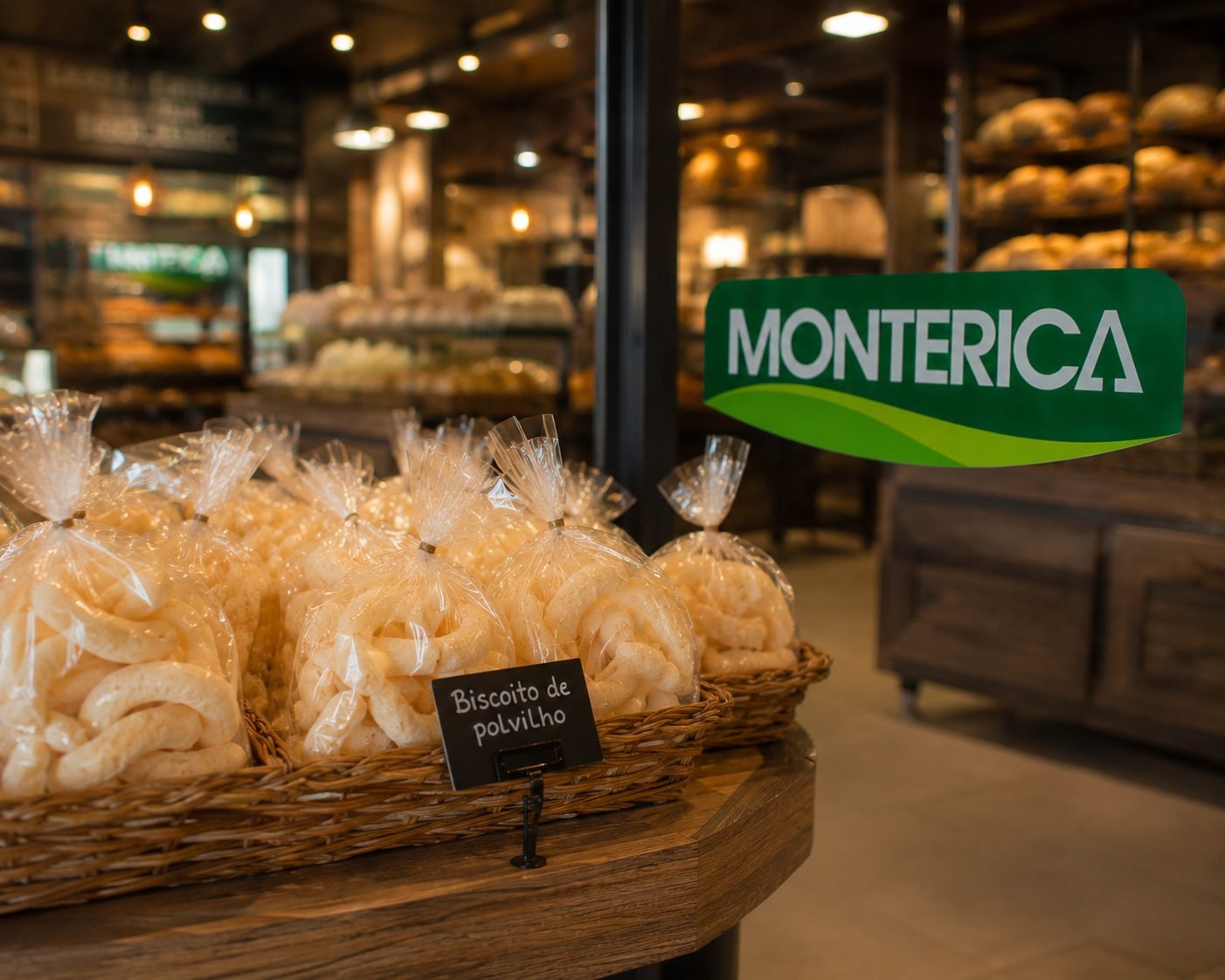 Pacotes de biscoito de polvilho Monterica em cesto, na vitrine da padaria