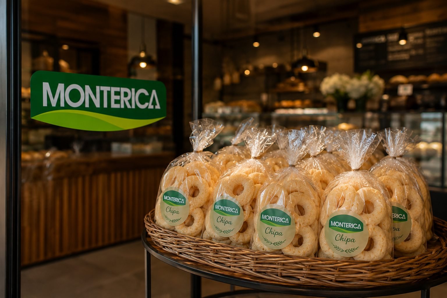 Pacotes de chipa Monterica em cesto, na vitrine da padaria